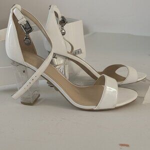 GUESS White Patent Clear Block Heel Sandals